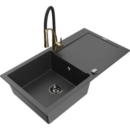 Mexen Leo 1-bowl granite sink with drainer and kitchen faucet Aster, speckled black - 6501-76-73450-57-B