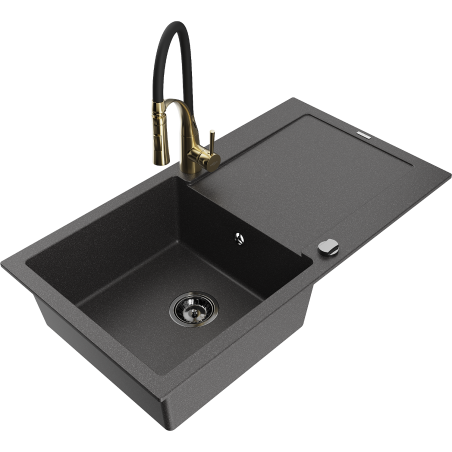 Mexen Leo granite sink 1-bowl with drainer and Aster kitchen faucet, speckled black - 6501-76-73450-57-B