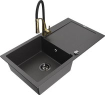 Mexen Leo granite sink single-bowl with drainer and Aster kitchen tap, black speckled - 6501-76-73450-57-B