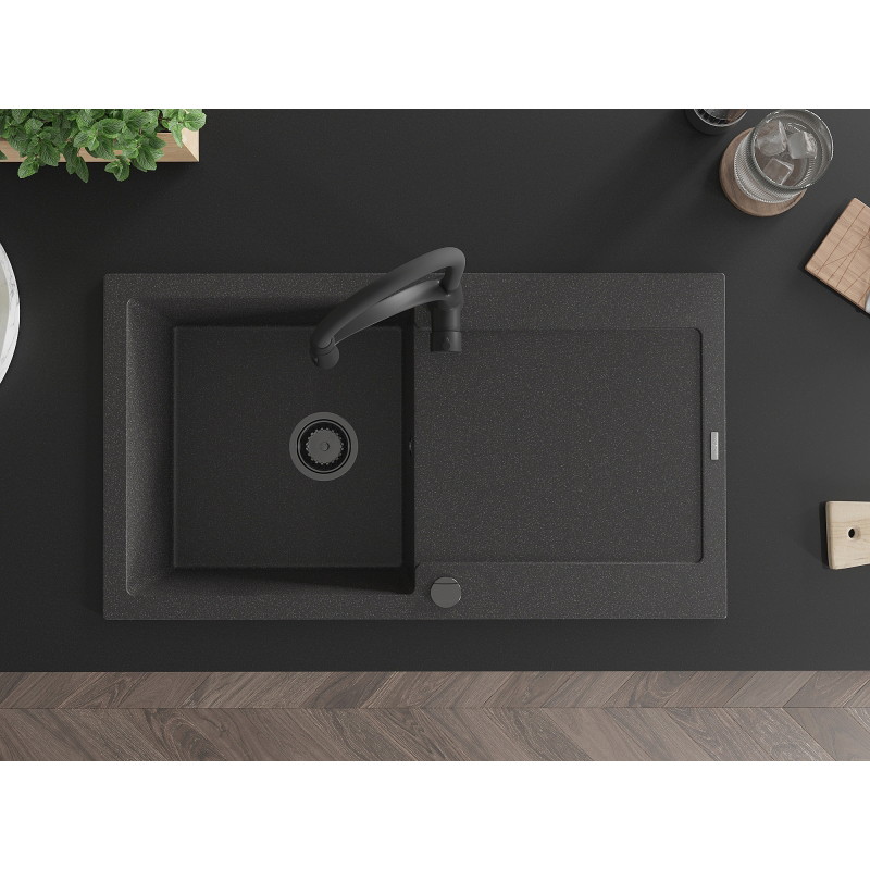 Mexen Leo 1-bowl granite sink with drainer and Aster kitchen faucet, speckled black - 6501-76-73450-70-B