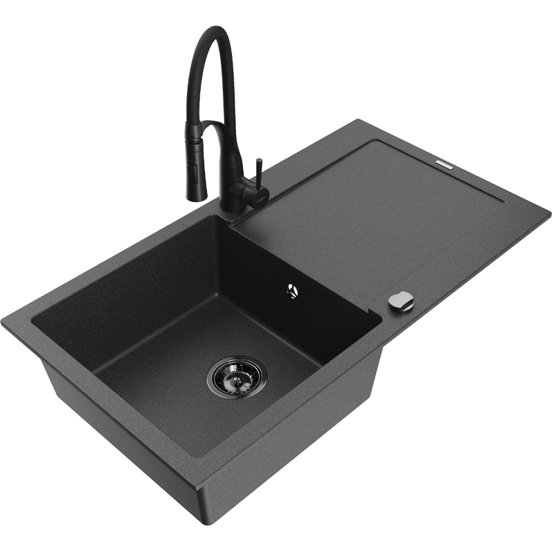 Mexen Leo granite kitchen sink 1-bowl with drainer and Aster kitchen tap, black speckled - 6501-76-73450-70-B