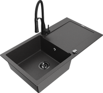 Mexen Leo 1-bowl granite sink with drainer and Aster kitchen faucet, speckled black - 6501-76-73450-70-B