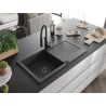 Mexen Leo granite kitchen sink 1-bowl with drainer and Aster kitchen tap, black speckled - 6501-76-73450-70-B