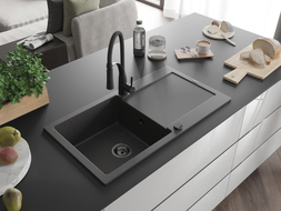 Mexen Leo 1-bowl granite sink with drainer and Aster kitchen faucet, speckled black - 6501-76-73450-70-B
