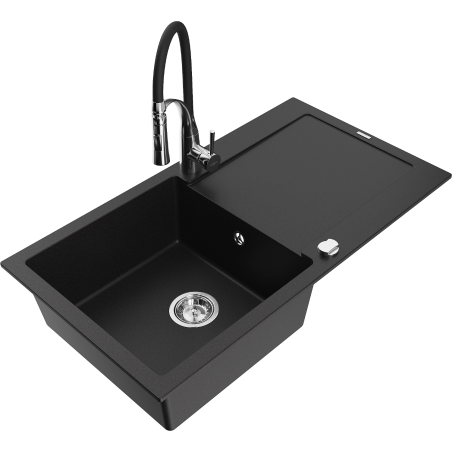 Mexen Leo 1-bowl granite sink with drainer and Aster kitchen tap, black - 6501-77-73450-07