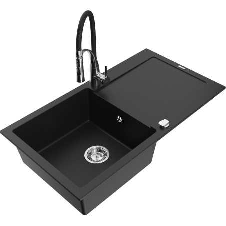 Mexen Leo granite kitchen sink 1-bowl with drainer and Aster kitchen faucet, black - 6501-77-73450-07