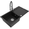 Mexen Leo granite kitchen sink 1-bowl with drainer and Aster kitchen faucet, black - 6501-77-73450-07