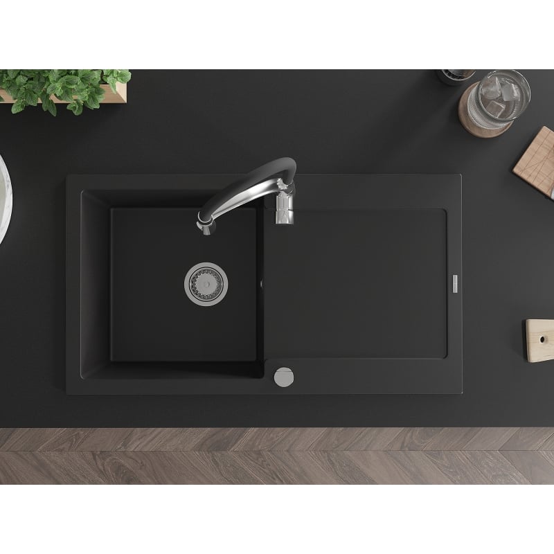 Mexen Leo granite kitchen sink 1-bowl with drainer and Aster kitchen faucet, black - 6501-77-73450-07