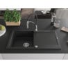 Mexen Leo granite kitchen sink 1-bowl with drainer and Aster kitchen faucet, black - 6501-77-73450-07