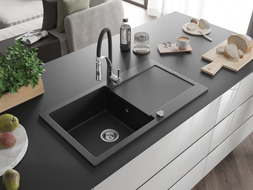 Mexen Leo granite kitchen sink 1-bowl with drainer and Aster kitchen faucet, black - 6501-77-73450-07