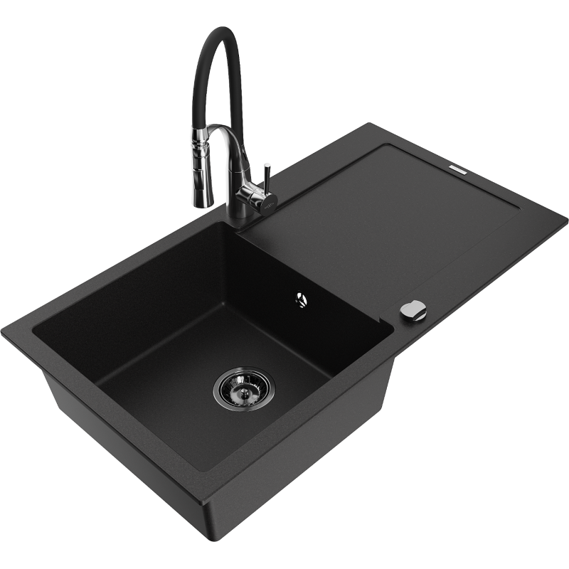 Mexen Leo 1-compartment granite sink with a drip tray and kitchen mixer tap Aster, Black - 6501-77-73450-07-B