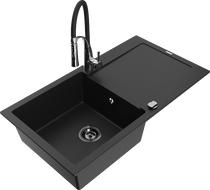 Mexen Leo 1-compartment granite sink with a drip tray and kitchen mixer tap Aster, Black - 6501-77-73450-07-B