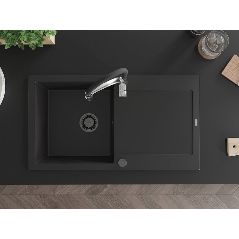 Mexen Leo granite sink 1-bowl with drainer and Aster kitchen faucet, black - 6501-77-73450-07-B