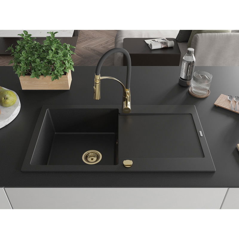 Mexen Leo granite kitchen sink 1-bowl with drainer and Aster kitchen tap, black - 6501-77-73450-57-G