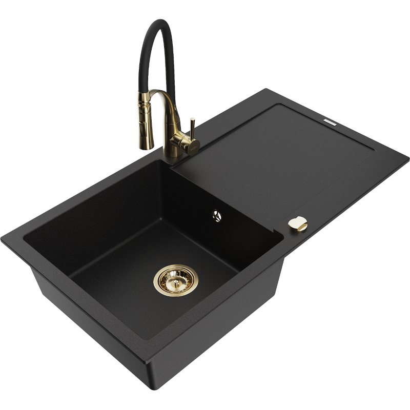 Mexen Leo 1-compartment granite sink with a drip tray and kitchen mixer tap Aster, Black - 6501-77-73450-57-G