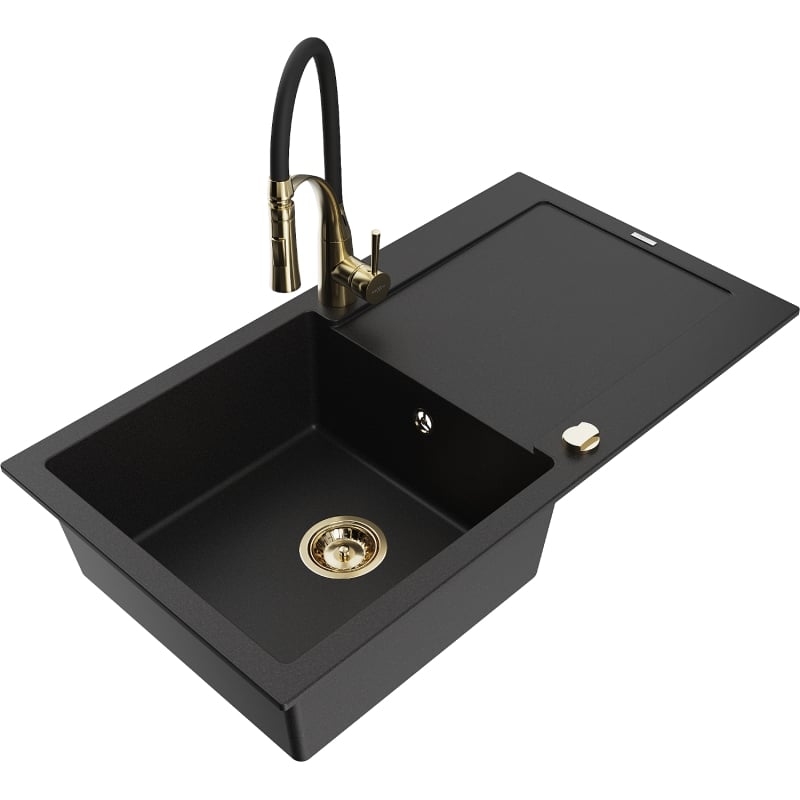 Mexen Leo granite sink 1-bowl with drainer and kitchen faucet Aster, black - 6501-77-73450-57-G