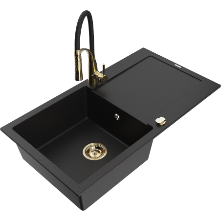 Mexen Leo granite sink 1-bowl with drainer and kitchen faucet Aster, black - 6501-77-73450-57-G
