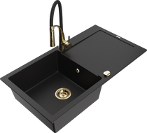 Mexen Leo granite kitchen sink 1-bowl with drainer and Aster kitchen tap, black - 6501-77-73450-57-G