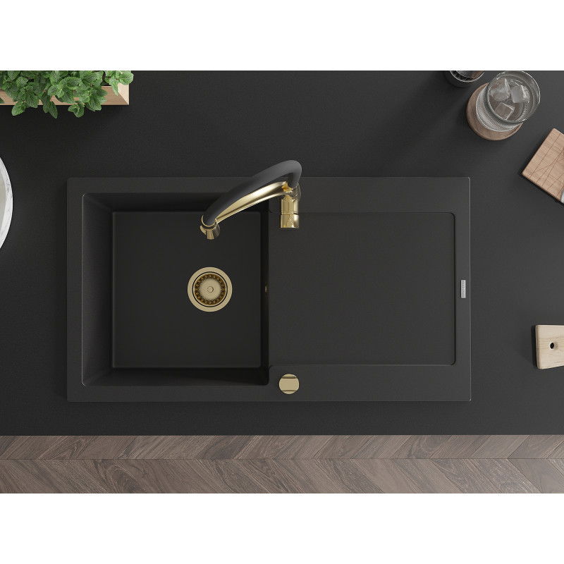 Mexen Leo granite kitchen sink 1-bowl with drainer and Aster kitchen tap, black - 6501-77-73450-57-G