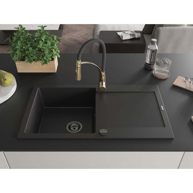 Mexen Leo single-bowl granite sink with drainer and Aster kitchen faucet, black - 6501-77-73450-57-B