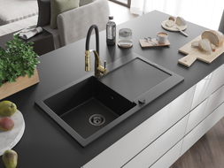 Mexen Leo granite kitchen sink 1-bowl with drainer and Aster kitchen faucet, black - 6501-77-73450-57-B