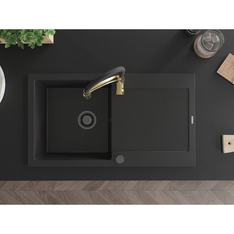 Mexen Leo granite sink single-bowl with drainer and Aster kitchen tap, black - 6501-77-73450-57-B