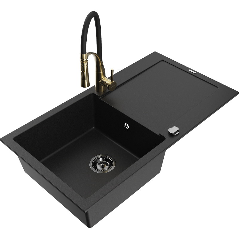 Mexen Leo granite kitchen sink 1-bowl with drainer and Aster kitchen faucet, black - 6501-77-73450-57-B