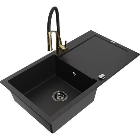 Mexen Leo single-bowl granite sink with drainer and Aster kitchen faucet, black - 6501-77-73450-57-B