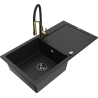 Mexen Leo granite kitchen sink 1-bowl with drainer and Aster kitchen faucet, black - 6501-77-73450-57-B