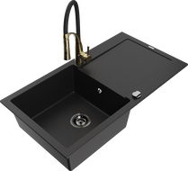 Mexen Leo granite kitchen sink 1-bowl with drainer and Aster kitchen faucet, black - 6501-77-73450-57-B