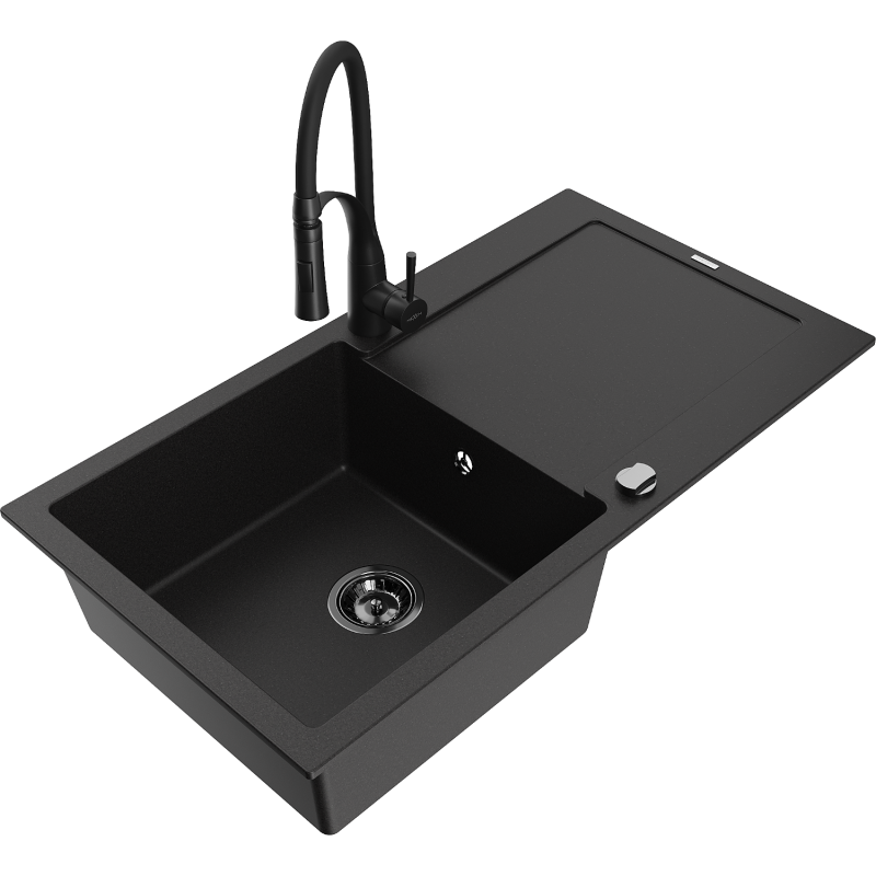 Mexen Leo 1-compartment granite sink with a drip tray and kitchen mixer tap Aster, Black - 6501-77-73450-70-B