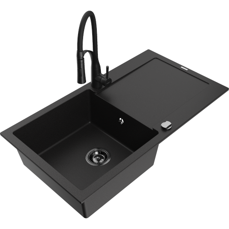Mexen Leo 1-bowl granite sink with drainer and Aster kitchen faucet, black - 6501-77-73450-70-B