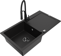 Mexen Leo Granite Single Bowl Sink with Drainer and Aster Kitchen Tap, Black - 6501-77-73450-70-B