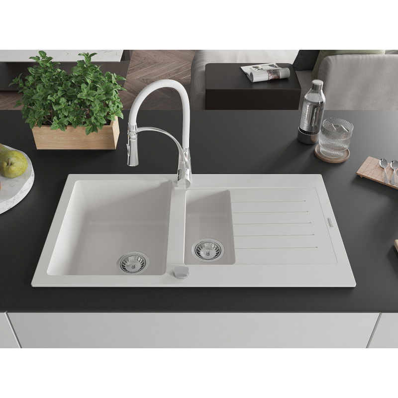 Mexen Matias granite sink 1.5-bowl with drainer and Aster kitchen tap, white - 6502-20-73450-02