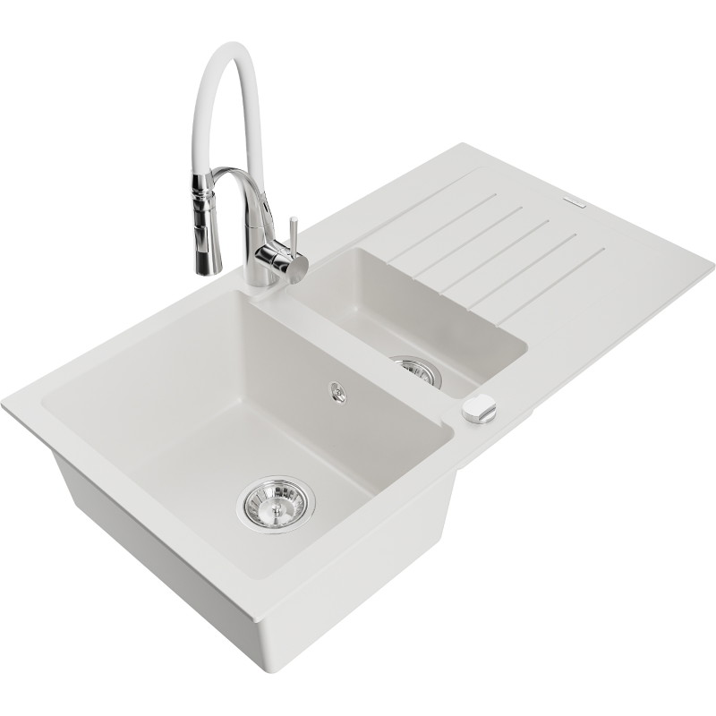 Mexen Matias granite sink 1.5-bowl with drainer and Aster kitchen faucet, white - 6502-20-73450-02