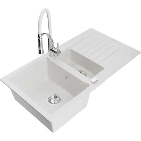 Mexen Matias 1.5-compartment granite sink with a drip tray and kitchen mixer tap Aster, White - 6502-20-73450-02