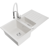 Mexen Matias 1.5-compartment granite sink with a drip tray and kitchen mixer tap Aster, White - 6502-20-73450-02