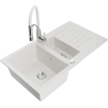 Mexen Matias granite sink 1.5-bowl with drainer and Aster kitchen faucet, white - 6502-20-73450-02