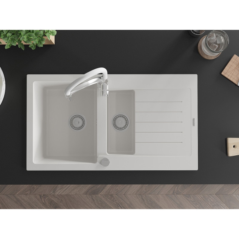 Mexen Matias 1.5-bowl granite sink with drainer and Aster kitchen faucet, white - 6502-20-73450-02