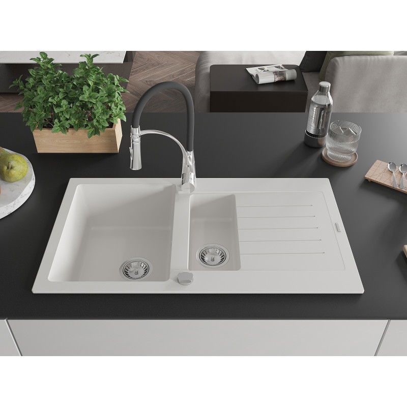 Mexen Matias granite sink 1.5-bowl with drainer and Aster kitchen tap, white - 6502-20-73450-07