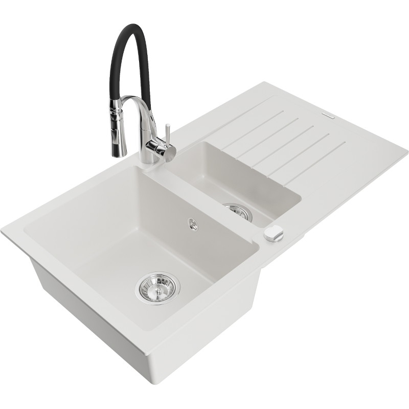 Mexen Matias granite sink 1.5-bowl with drainer and kitchen faucet Aster, white - 6502-20-73450-07