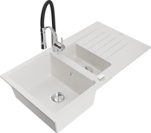 Mexen Matias granite sink 1.5-bowl with drainer and Aster kitchen tap, white - 6502-20-73450-07