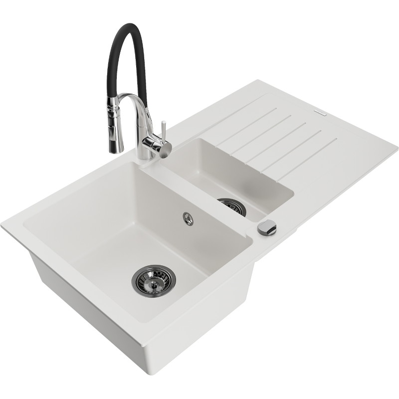 Mexen Matias 1.5-bowl granite sink with drainer and Aster kitchen faucet, white - 6502-20-73450-07-B