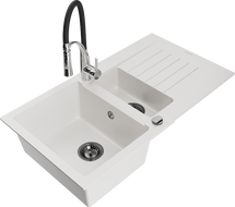 Mexen Matias granite sink 1.5-bowl with drainer and kitchen faucet Aster, white - 6502-20-73450-07-B