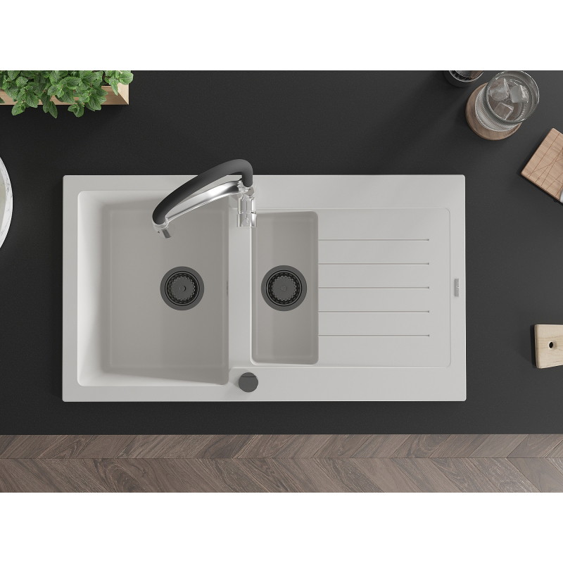 Mexen Matias 1.5-bowl granite sink with drainer and Aster kitchen faucet, white - 6502-20-73450-07-B