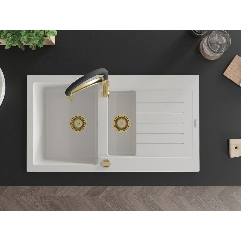 Mexen Matias granite sink 1.5-bowl with drainer and Aster kitchen tap, white - 6502-20-73450-57-G