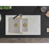 Mexen Matias 1.5-bowl granite sink with drainer and Aster kitchen faucet, white - 6502-20-73450-57-G