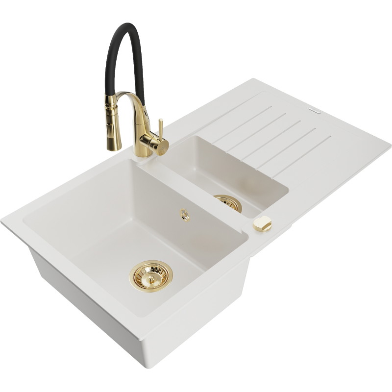 Mexen Matias 1.5-bowl granite sink with drainer and Aster kitchen faucet, white - 6502-20-73450-57-G