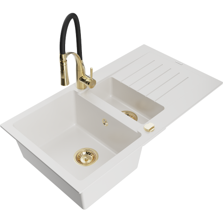 Mexen Matias granite sink 1.5-bowl with drainer and Aster kitchen faucet, white - 6502-20-73450-57-G