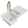Mexen Matias granite sink 1.5-bowl with drainer and Aster kitchen tap, white - 6502-20-73450-57-G